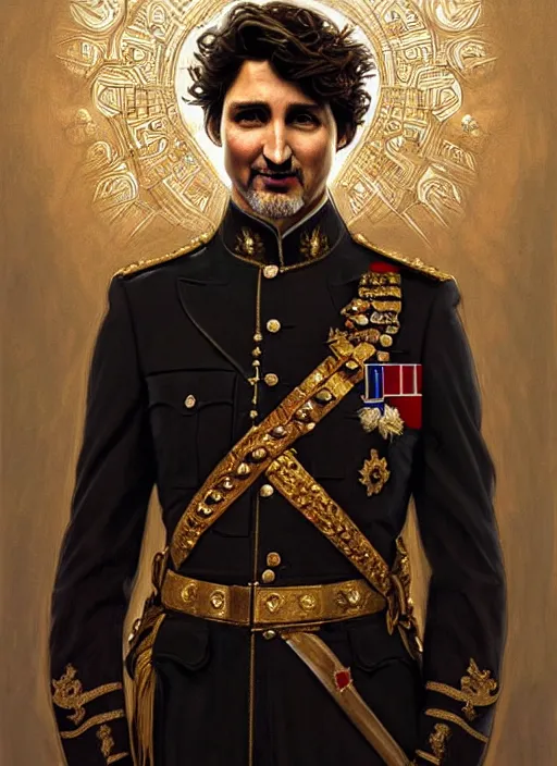 Image similar to portrait of supreme leader justin trudeau, royalty, extravagant, lord, full body, military uniform, fantasy, intricate, elegant, beautiful, highly detailed, charcoal, centered, dark, smokey, digital painting, artstation, concept art, art by artgerm and greg rutkowski and alphonse mucha