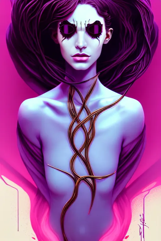 Image similar to 👁👩🏾🌹👾, phantom, dreary, dramatic, fluid, golden ratio, artstation, moebius + loish, hd, long vines,