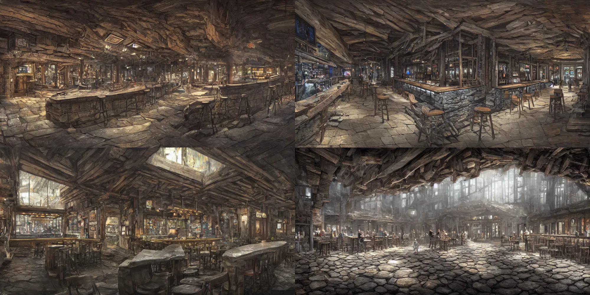 Prompt: Wide shot, hyperdetailed masterpiece concept art of a run down bar is built of large stones and greyed timbers. Inside it is dark and smokey, it\'s rather full for the middle of the day and when you enter, conversations stop and all of the patrons turn to look at you, 4k Detailed Matte Illustration trending on ArtStation