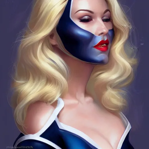 Image similar to a beautiful pin - up portrait of a beautiful cute superhero woman, blonde hair, matte navy - blue bodysuit, white cape, intricate, elegant, 8 k, highly detailed, digital painting, concept art, smooth, sharp focus, illustration, by artgerm loish wlop