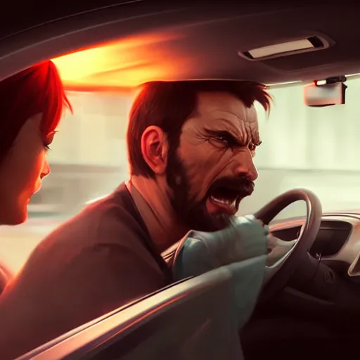 Image similar to Angry man inside a car is having a road rage, highly detailed, professional digital painting, Unreal Engine 5, Photorealism, HD quality, 8k resolution, cinema 4d, 3D, cinematic, art by artgerm and greg rutkowski and alphonse mucha and loish and WLOP