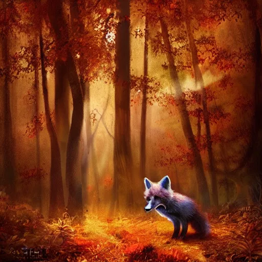 Image similar to A woman with a mystical fox companion, in a autumn forest, lifelike, light rays, volumetric, fox, magic, autumn, digital art, trending on artstation, by Toni Infante