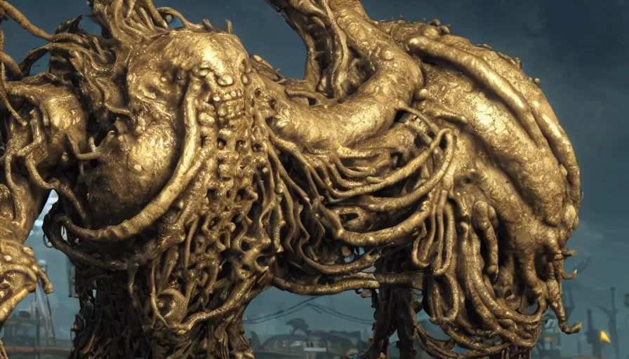 Image similar to closeup fallout 4 character screenshot of a humanoid kraken, enb, ambient occlusion, subsurface scattering, solo, 4 k, bokeh, beautiful, detailed