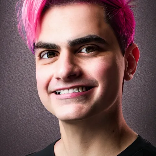 Prompt: Detailed portrait of Ben Shapiro with pink hair and piercing, 8k, realistic, 50mm photograph