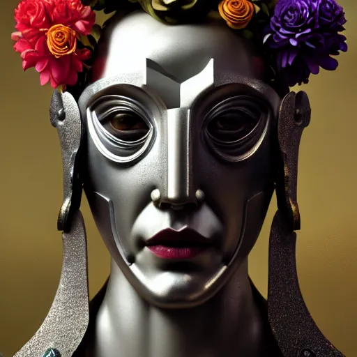 Prompt: a baroque neoclassicist closeup renaissance portrait of a robot wearing a mask made of flowers, reflective detailed textures, dark fantasy science fiction painting by diego rivera and jean delville and sam spratt and ruan jia and nicholas roerich, dramatic lighting, gleaming silver and soft muted colors, floral tattoos, artstation, octane render