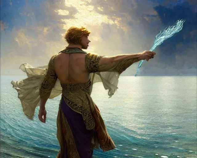 Image similar to attractive male wizard casting powerful wave water spell in a beautiful lake. highly detailed painting by gaston bussiere, craig mullins, j. c. leyendecker 8 k