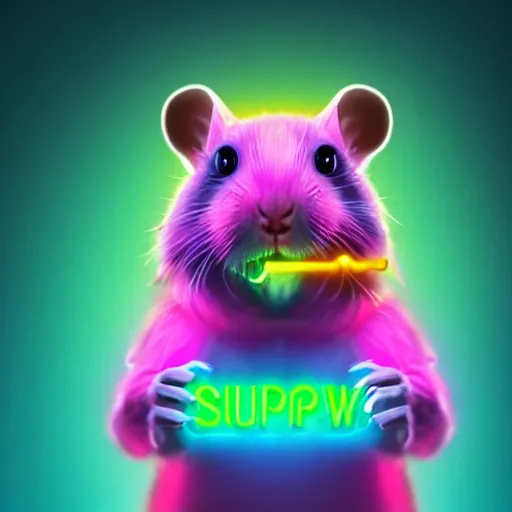 Image similar to cyberpunk hamster! holding rainbow! gem! crystal, neon lights, light reflection, 8 k, hd