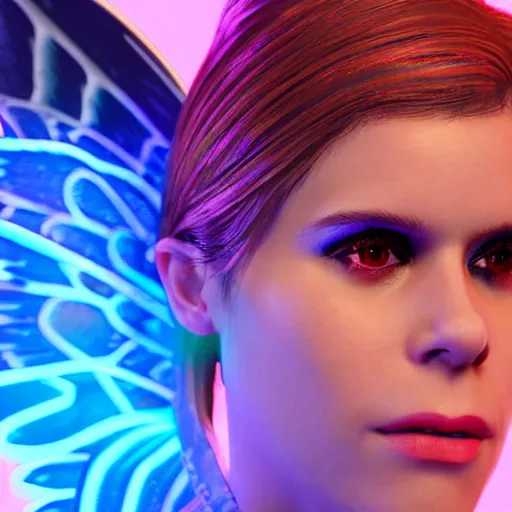 Image similar to neon fluorescent, iridescent kate mara with fairy wings cyperpunk 2 0 7 7, unreal engine 5, 8 k ultra life like, photo realistic, hyperdetailed, volumetric lighting, extremely high quality