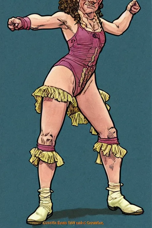 Image similar to maria. Smug old west circus wrestler. concept art by James Gurney and Mœbius.
