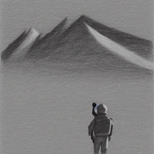 Prompt: pencil drawing of an explorer, minimalist, etched, illustration art