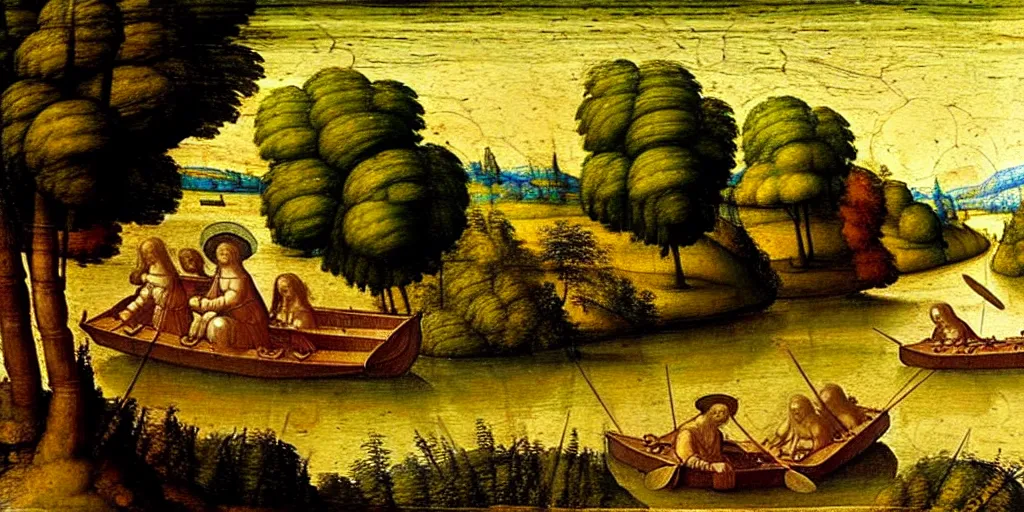 Prompt: A very detailed painting in the style of Leonardo Da Vinci featuring a river in Europe surrounded by trees and fields. A rubber dinghy is slowly moving through the water. Sun is shining