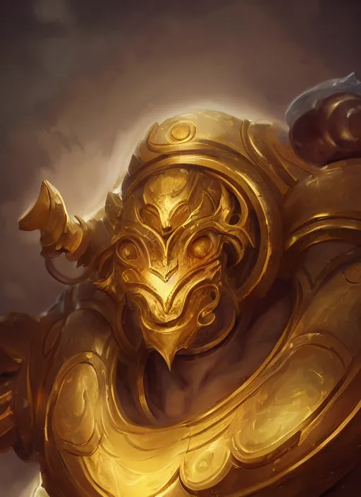 Image similar to a highly detailed illustration of gentle colossal golden horned greek mechanical giant, with cute doting eyes, intricate, elegant, highly detailed, centered, digital painting, artstation, concept art, smooth, sharp focus, league of legends concept art, wlop.