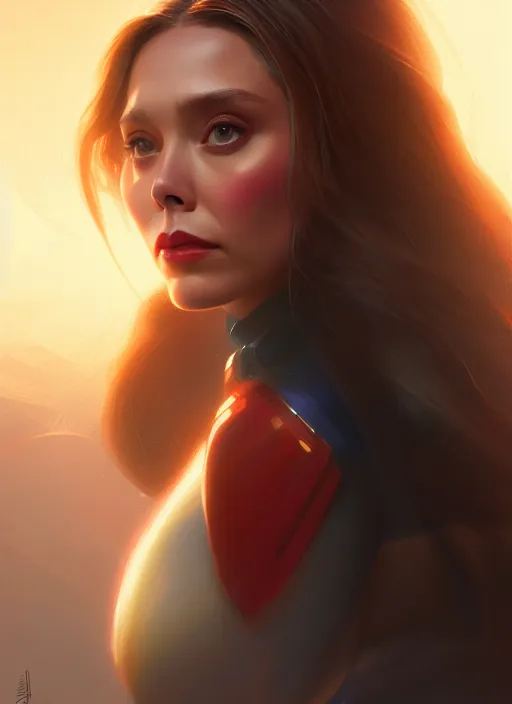 Image similar to portrait of modern darna, elizabeth olsen, intricate, elegant, glowing lights, highly detailed, digital painting, artstation, glamor pose, concept art, smooth, sharp focus, illustration, art by wlop, mars ravelo and greg rutkowski