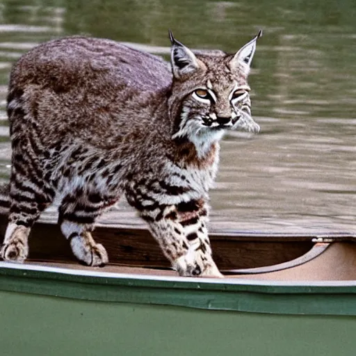 Image similar to a bobcat in a rowboat wears a baggie hat and has its hand on its hip, the boat is half full of water but the bobcat seems at ease