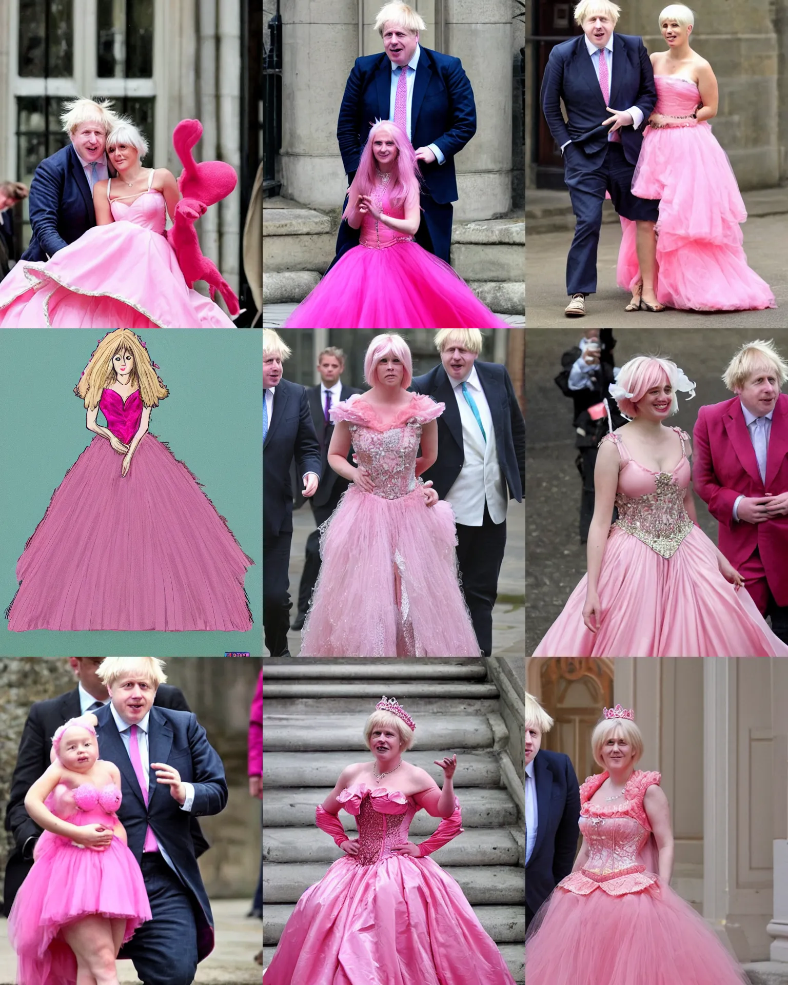 Prompt: boris johnson as a beautiful pink princess wearing a ball gown