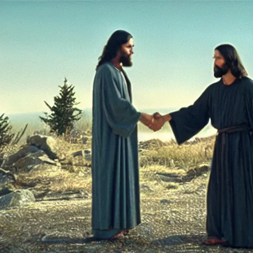 Image similar to film still of Homelander shaking jesus's hand