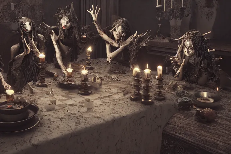 Image similar to dark witches doing a ritual. Ornate details, award winning, Octane render, 4k, 8k, unreal 5, very detailed, hyper control-realism, trending on artstation.”