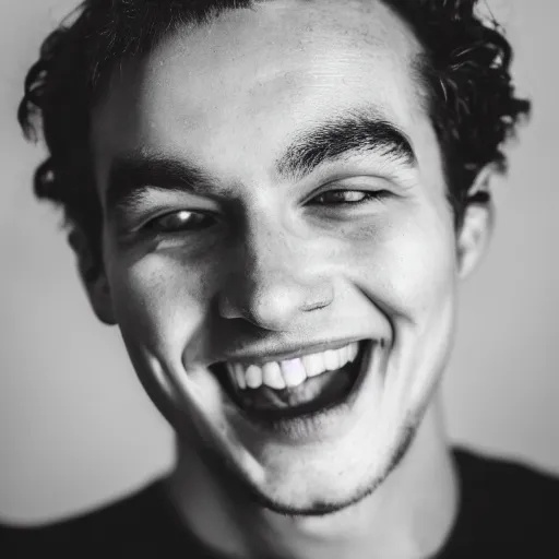 Prompt: high contrast photo of a man's face grinning black and white monochromatic