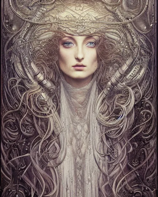 Image similar to in the style of beautiful sophie turner, steampunk, detailed and intricate by jean delville, gustave dore and marco mazzoni, symbolist, visionary, gothic, pre - raphaelite