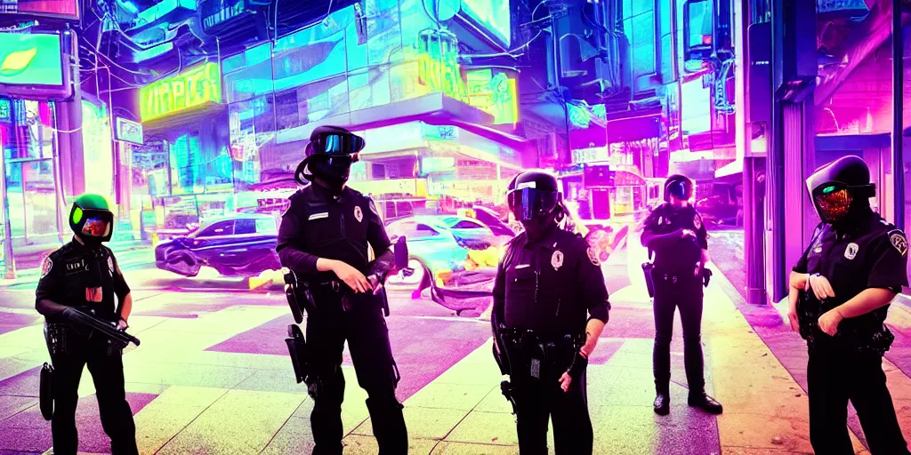 Prompt: in the grim cyberpunk neon future the apple inc police stop a pedestrian and check for DRM compliance, dystopian, urban