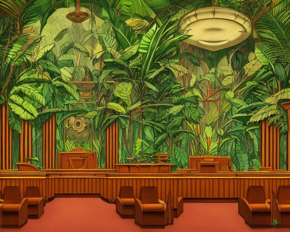 Prompt: an art deco courtroom in the rainforest by raphael and hopper. hyperdetailed, proportional, romantic, enchanting, achingly beautiful, graphic print, trending on artstation, jungle, tropical, foliage