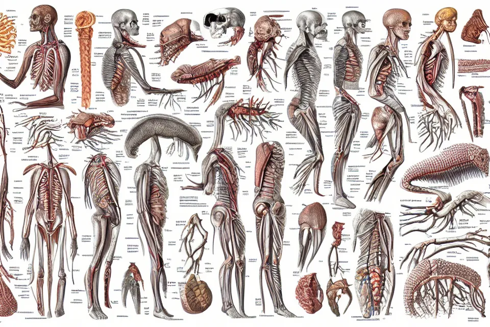 Prompt: Medical illustration of a mythical creature's anatomy, with labels. High quality, highly detailed, professional medical illustration.