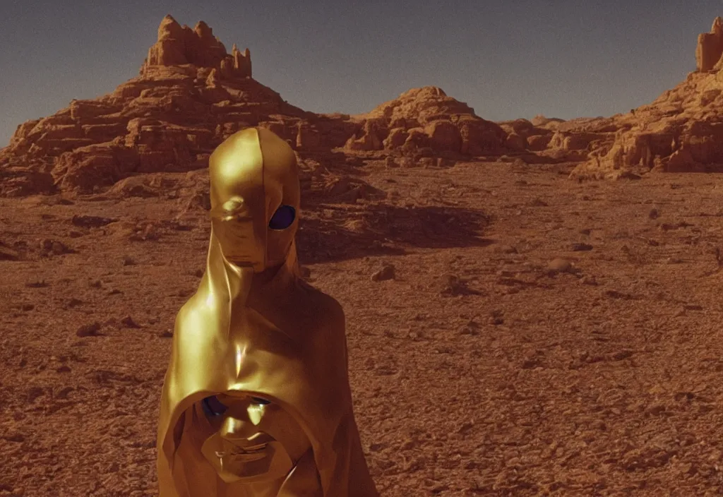 Image similar to glowing bene gesserit in full - face golden mask in a dry rocky desert landscape with alien complex city beneath the sand and giant alien spaceship in the sky attacks the earth by christopher doyle and alejandro jodorowsky, anamorphic lens, kodakchrome, cinematic composition, masterpiece, 8 k,