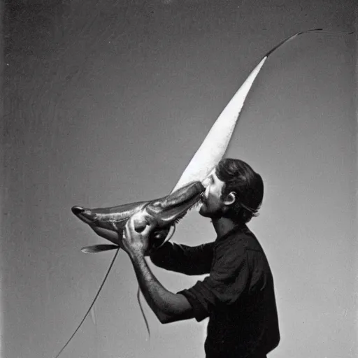 Prompt: Serious black-and-white photograph of a man pulling a swordfish out of his nose.