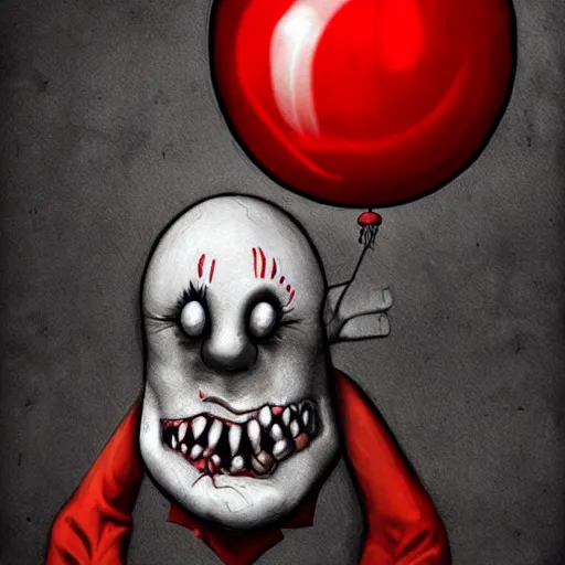 Image similar to surrealism grunge cartoon portrait sketch of a circular monster with a wide smile and a red balloon by - michael karcz, loony toons style, comic book style, horror theme, detailed, elegant, intricate