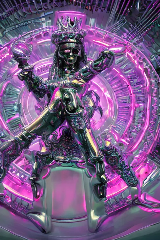 Image similar to full-body rococo and cyberpunk style neon statue of a young attractive deporitsta macho dotado e rico android sim roupa reclining con las piernas abertas e la piroca dura, glowing white laser eyes, prince crown of pink gears, diamonds, swirling silver-colored silk fabric. futuristic elements. full-length view. space robots. human skulls. intricate artwork by caravaggio. Trending on artstation, octane render, cinematic lighting from the right, hyper realism, octane render, 8k, depth of field, 3D