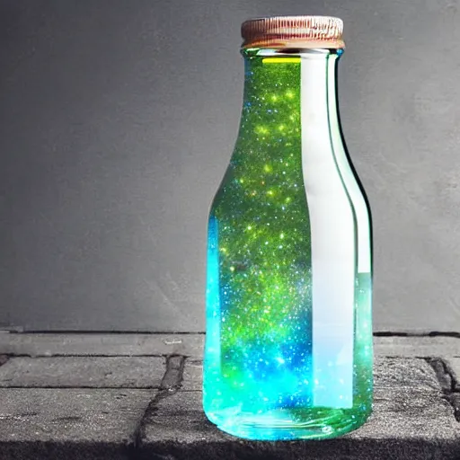 Prompt: digital art cosmos in glass bottle