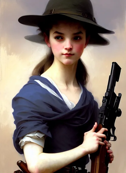 Image similar to character concept portrait of girl with an american flag in one hand and a rifle in one hand, victorian, intricate, elegant, digital painting, concept art, smooth, sharp focus, illustration, by Ruan Jia and Mandy Jurgens and William-Adolphe Bouguereau, Artgerm