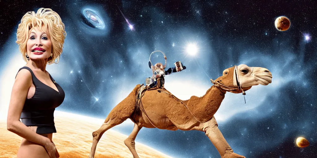 Image similar to Dolly Parton floating in space with a camel. In the style of the James Webb Space Telescope, photograph, dark matter, galaxies, david lynch, strange, photo realistic