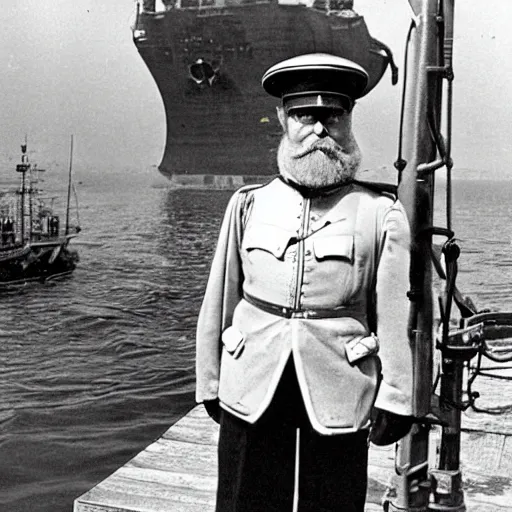 Image similar to a old man in officer suit of russian empire, gray hair and beard, standing near giant yellow dieselpunk ship