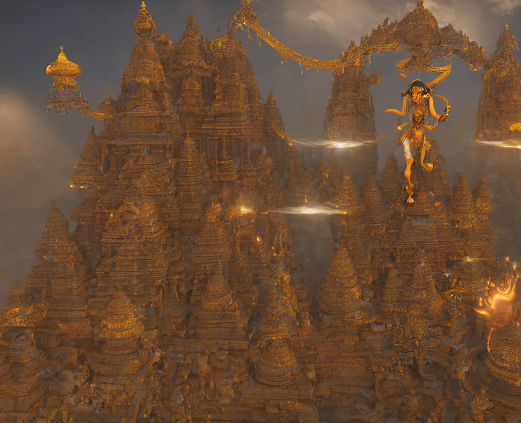 Image similar to vishnu descending from an ufo over s temple in india during the night, cinematic, unreal engine 5