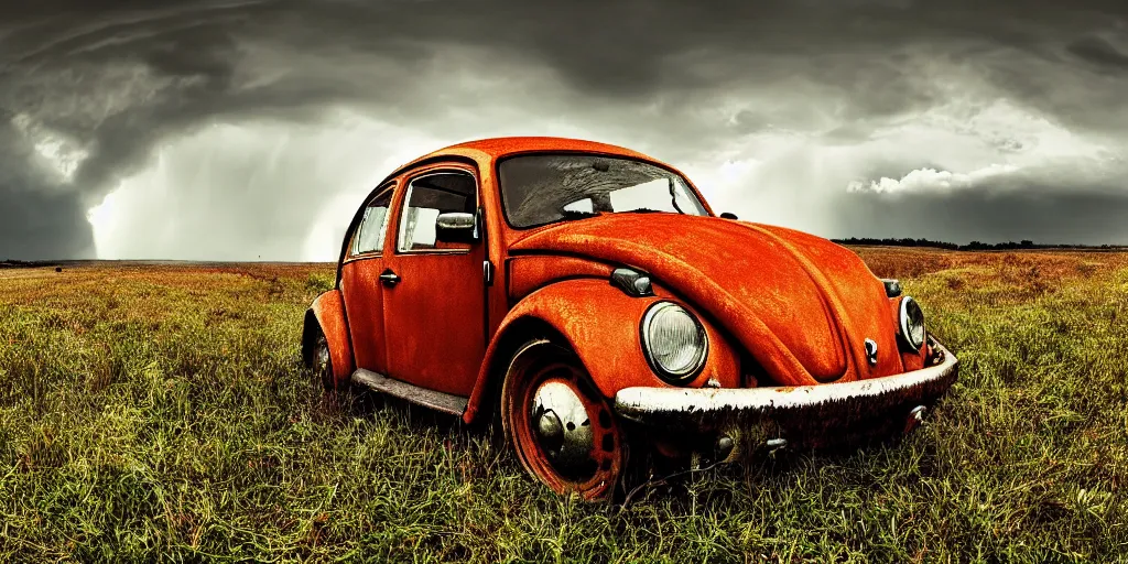 Prompt: a lonely rusty cyan VW Beetle in a vacant field, wide angle, thunderstorm, panorama, detailed digital art