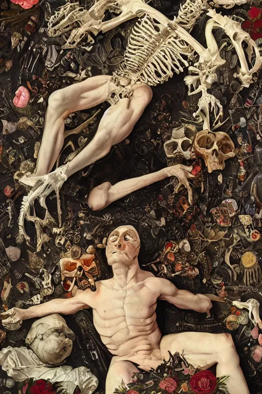 Image similar to Detailed maximalist portrait a man lying on bed with the boogie man hovering over him. exasperated expression, botany bones, HD mixed media, 3D collage, highly detailed and intricate, surreal illustration in the style of Caravaggio, dark art, baroque
