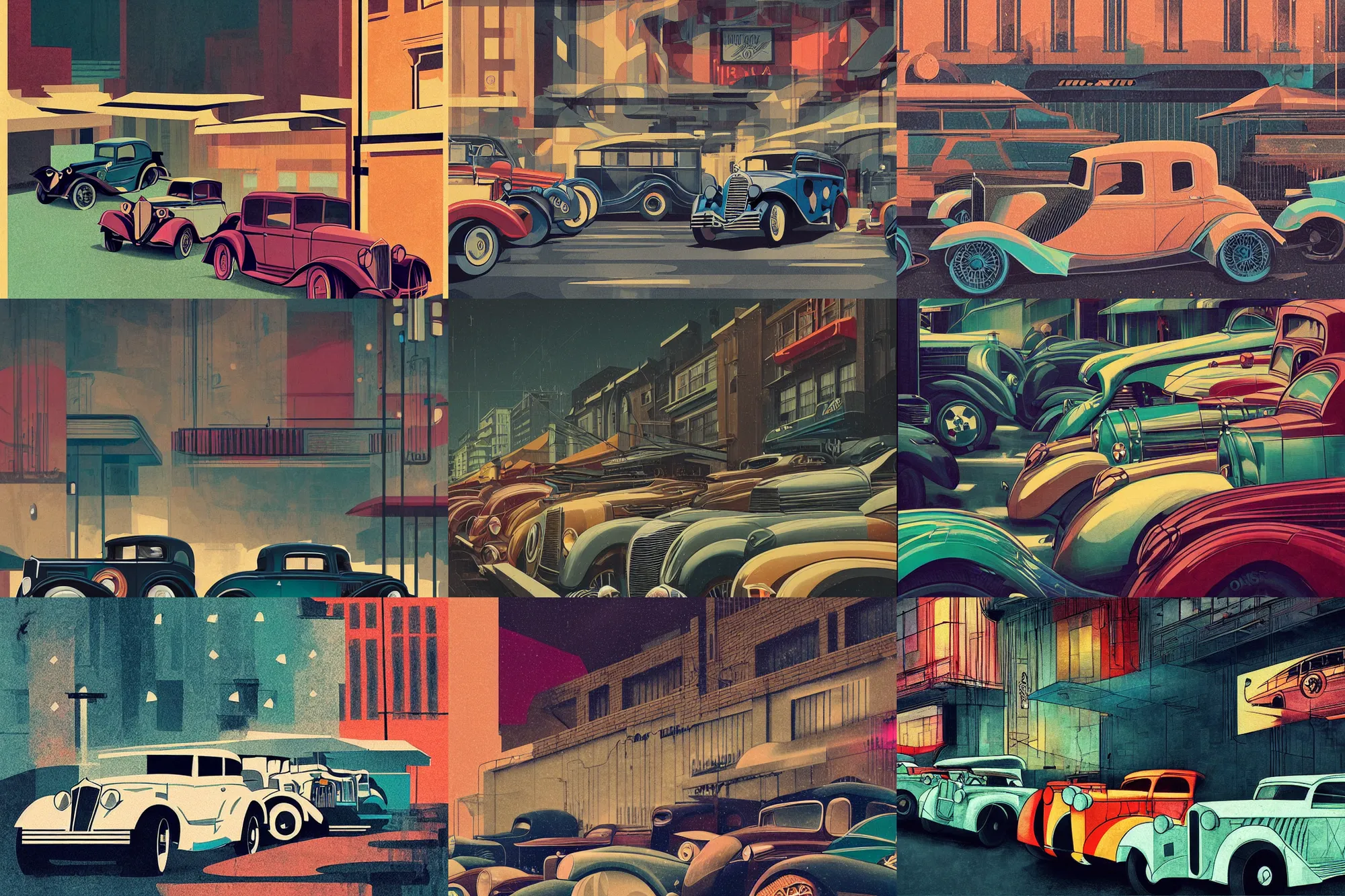 Prompt: inked portrait of 1 9 3 0 s cars parked outside a bar, modern art deco, colorful, mads berg, christopher balaskas, victo ngai, fine texture, detailed, muted colors, dynamic composition, matte print, wide angle, moody, very grainy texture