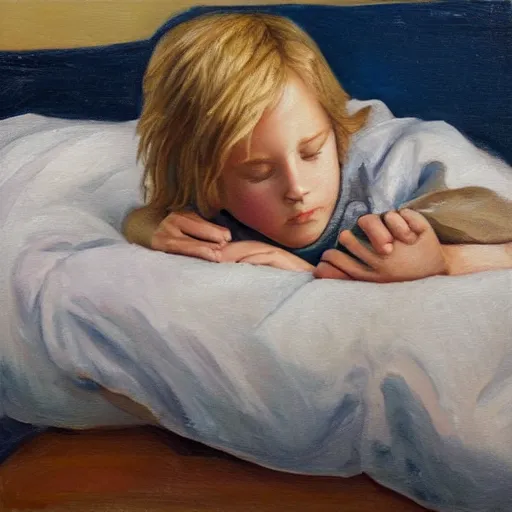 Image similar to an oil painting of a young boy with long blonde hair sleeping in bed with a checkered comforter