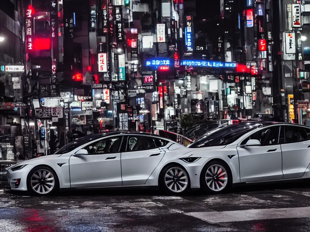 Prompt: A modified Tesla model S drifting on rainy Tokyo streets, night Time, 4k, 8k, cinematic shot