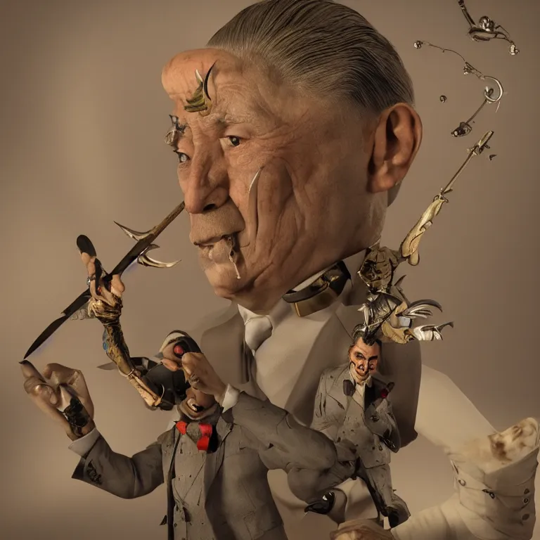 Prompt: octane render portrait by wayne barlow and carlo crivelli and glenn fabry and salvador dali and wes anderson, tiny little evil gremlin wearing a high - end gucci three piece suit while stabbing people in the leg with a trident, cinema 4 d, ray traced lighting, very short depth of field, bokeh