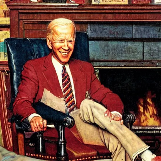 Image similar to a portrait painting by Norman Rockwell of Joe Biden sitting in a chair. Cozy fire. Legs crossed