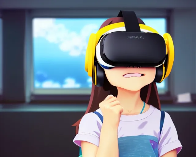 Image similar to anime fine details portrait of joyful girl in vr headset in school, bokeh. anime masterpiece by Studio Ghibli. 8k render, sharp high quality anime illustration in style of Ghibli, artstation