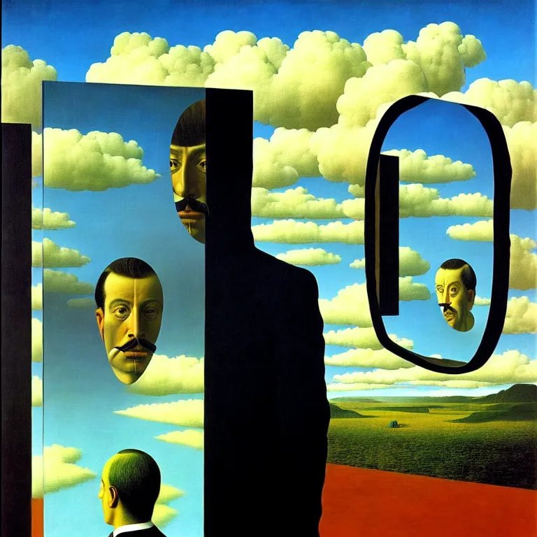 Image similar to a man looks into his own reflection and sees nothing, by rene magritte and salvador dali, surreal, oil on canvas, hyper detailed, vivid