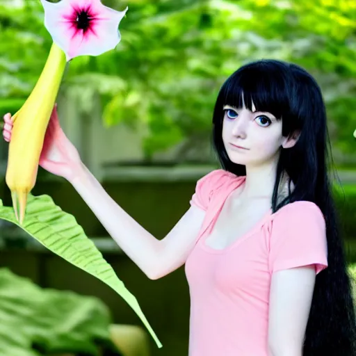 Image similar to pale anime girl with black hair, holding brugmansia flower in her hand, colour