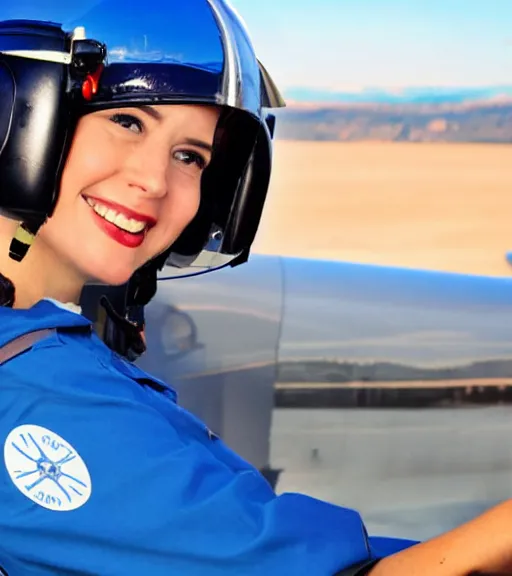 Image similar to a young woman, pilot helmet on, pilot a airplane, blue sky, composition