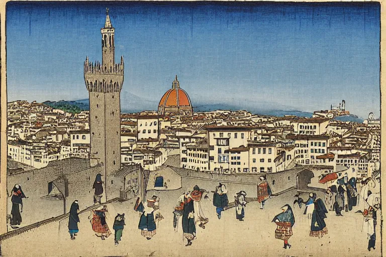 Image similar to florence old street in 1 6 th century with a tower in background by hiroshige utakawa