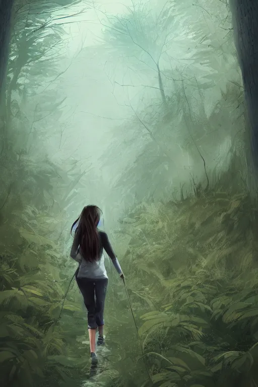 Image similar to young woman trying to walk through heavy winds in tall overgrown forest, award winning illustration, artstation