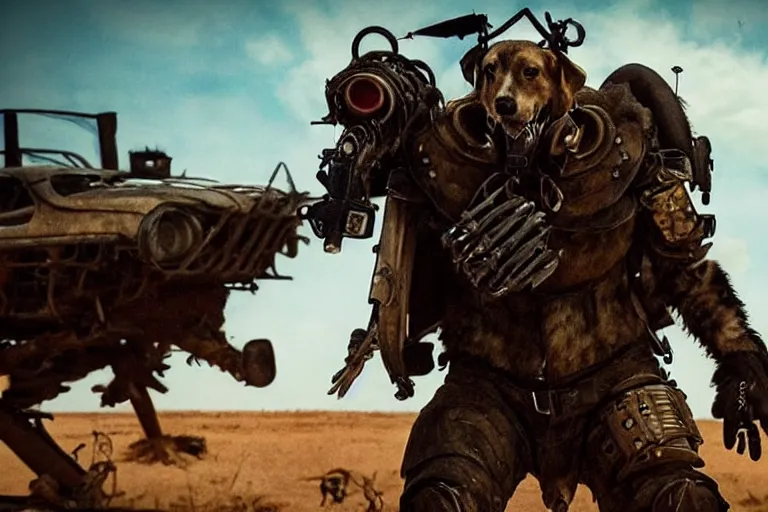 Image similar to a good ol'hound dog fursona ( from the furry fandom ), heavily armed and armored facing down armageddon in a dark and gritty version from the makers of mad max : fury road. witness me.