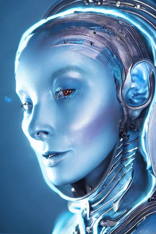 Prompt: beautiful portrait of a blue alien woman with 4 eyes, wearing an armor made from plutonium, silicone skin, symmetrical face, piercings resembling plasma jets, 5 th element, cinematrographic, elegant, soft shapes, sharp details, 3 5 mm, f / 2 4